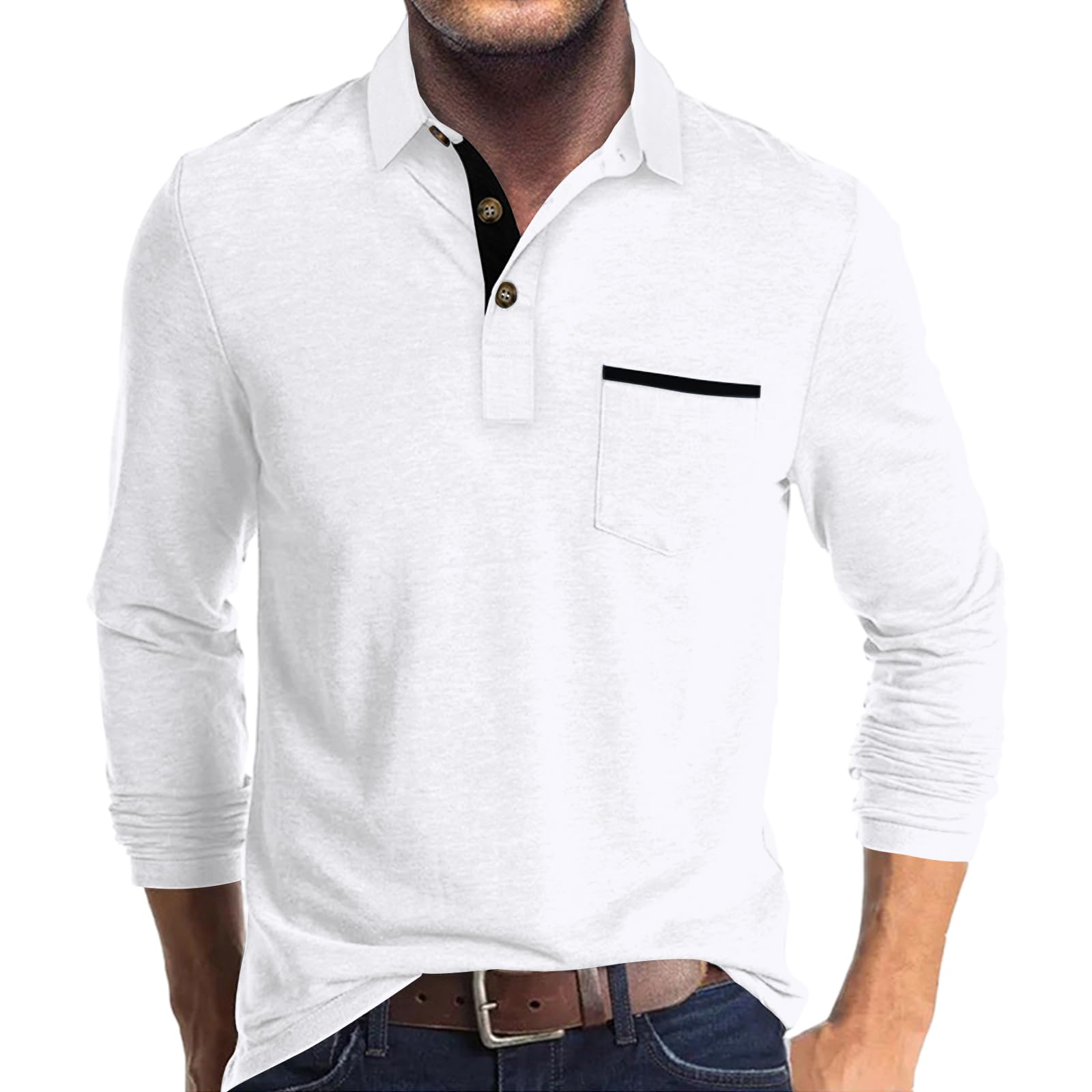 Mens Classic Polo Shirts Cotton Button Collar Shirt with Pocket