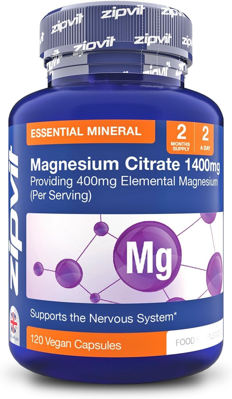 Zipvit Magnesium Citrate 1400mg, Provides 400mg Elemental Magnesium, Highly Absorbable for Bone, Muscle & Energy Support. 120 Vegan Capsules, 2 a Day, 2 Months Supply.