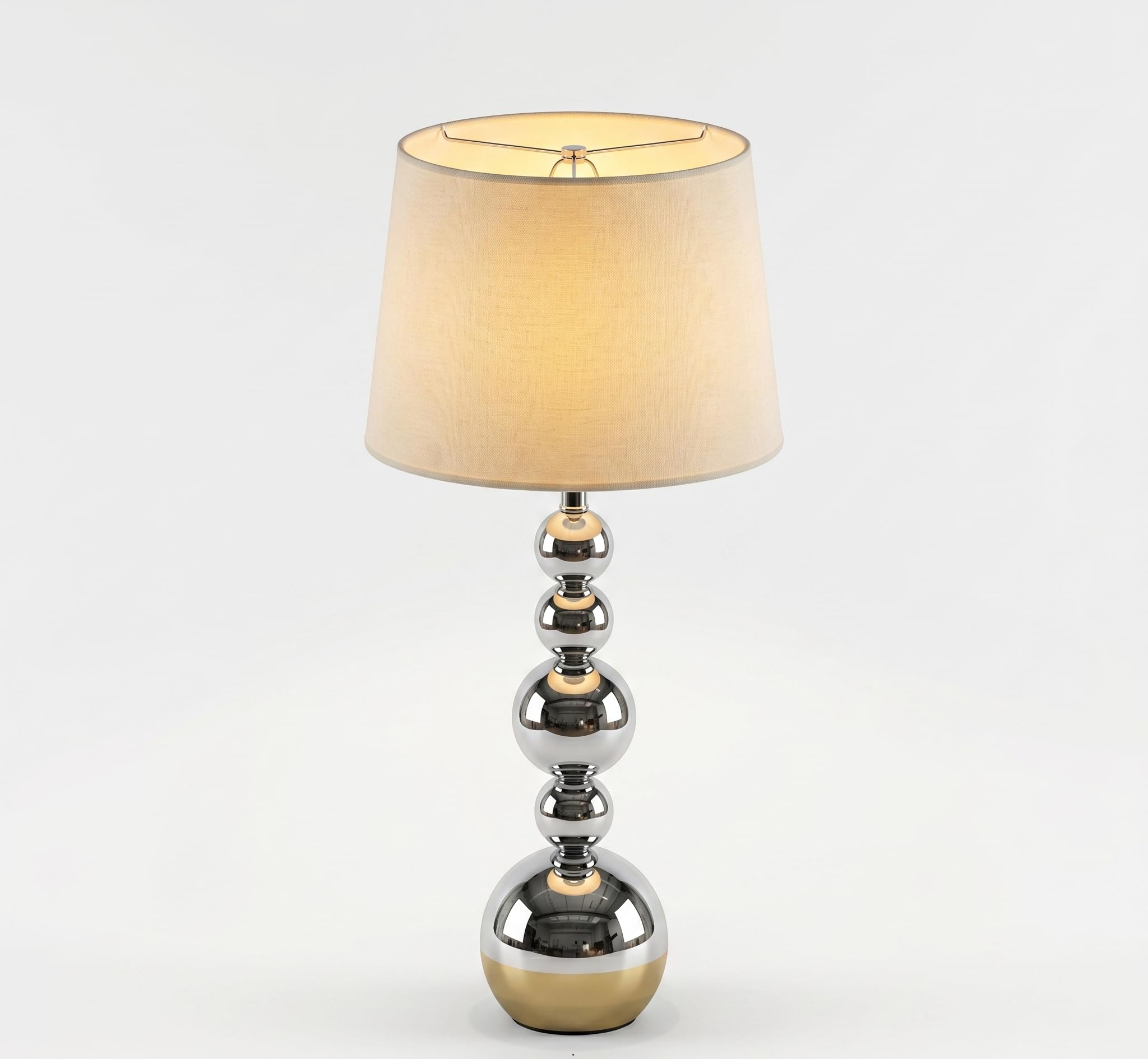 Silver Metal Ball Table Lamp with Neutral Linen Shade – 5-Tier Spherical Base Design – Premium Brass Finish Accent Light for Modern Home Interiors & Bedside Tables-image-33