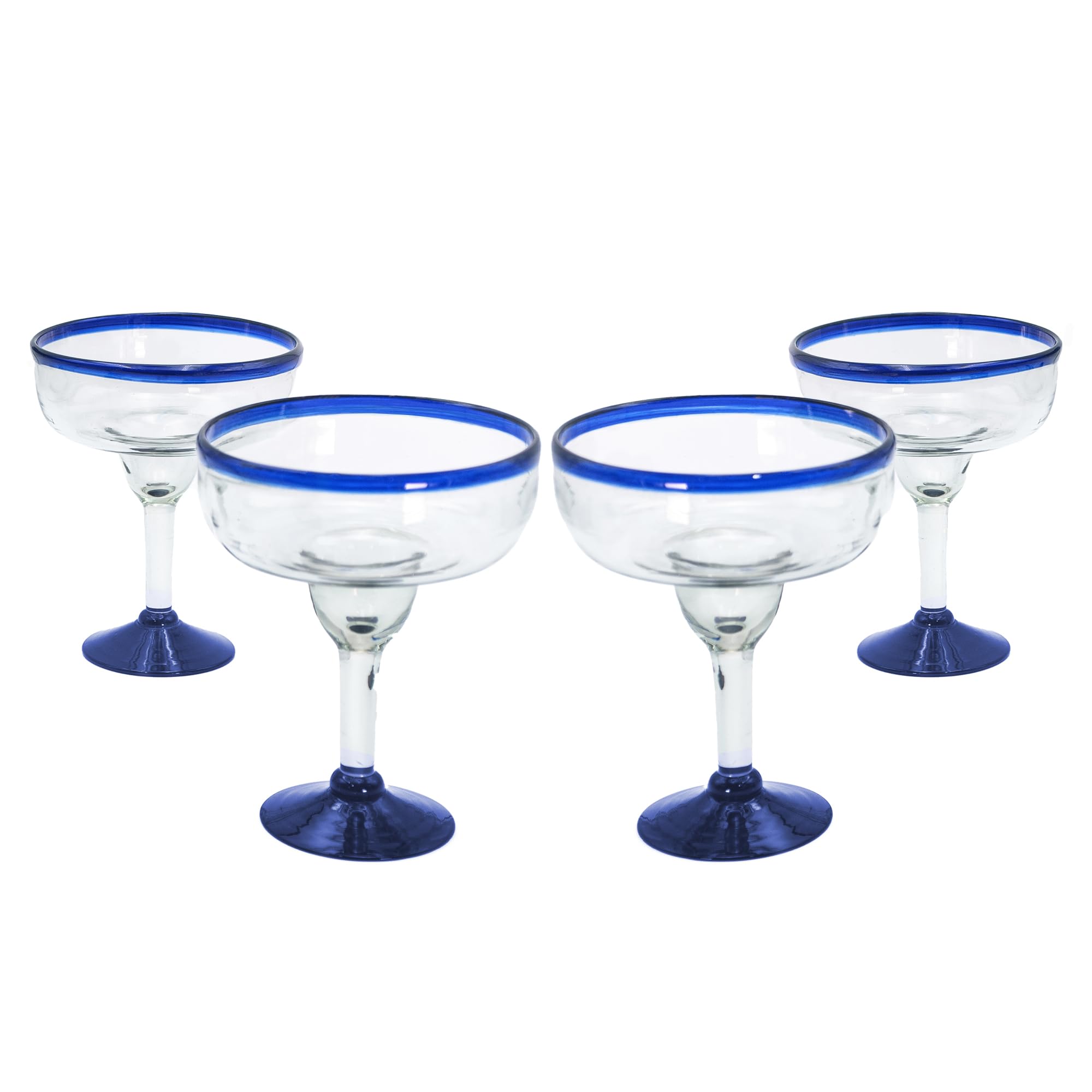 Vasos grandes de margarita mexicana soplados a mano, auténtico cristal hecho a mano de México, borde azul cobalto, juego de fiesta, perfecto para margaritas, piña coladas, cócteles congelados u otras