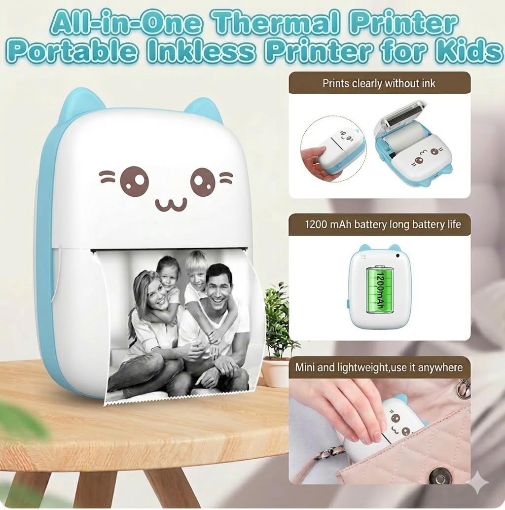 Mini Impresora térmica portátil para móvil con bluethoot. Impresora fotográfica sin Tinta con 1 Rollo de Papel térmico. Mini Printer Infantil Compatible con iOS y Android. Color Azul