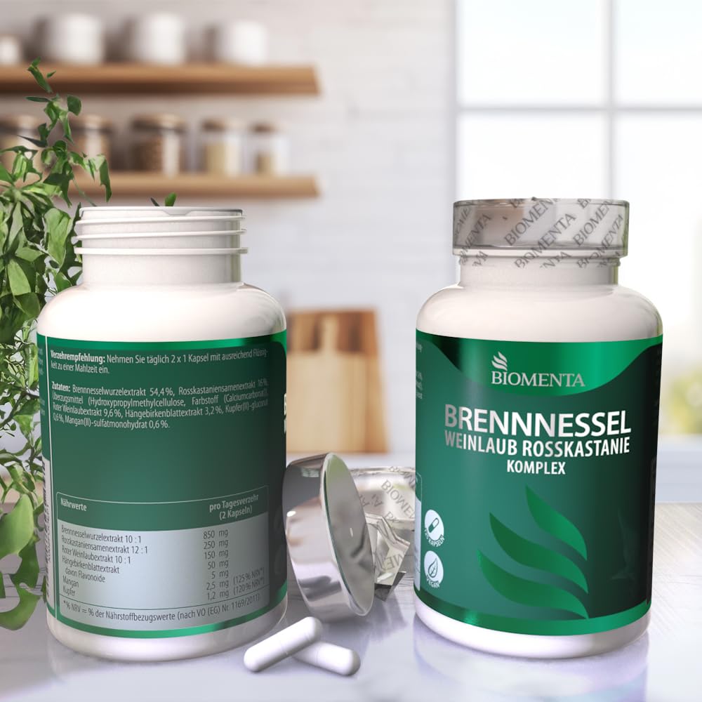 BIOMENTA Brennnessel + Weinlaub + Rosskastanie Komplex hochdosiert - 125 Kapseln synergetisch ergänzt mit Birkenblatt, Kupfer und Mangan - vegan - Premiumqualität