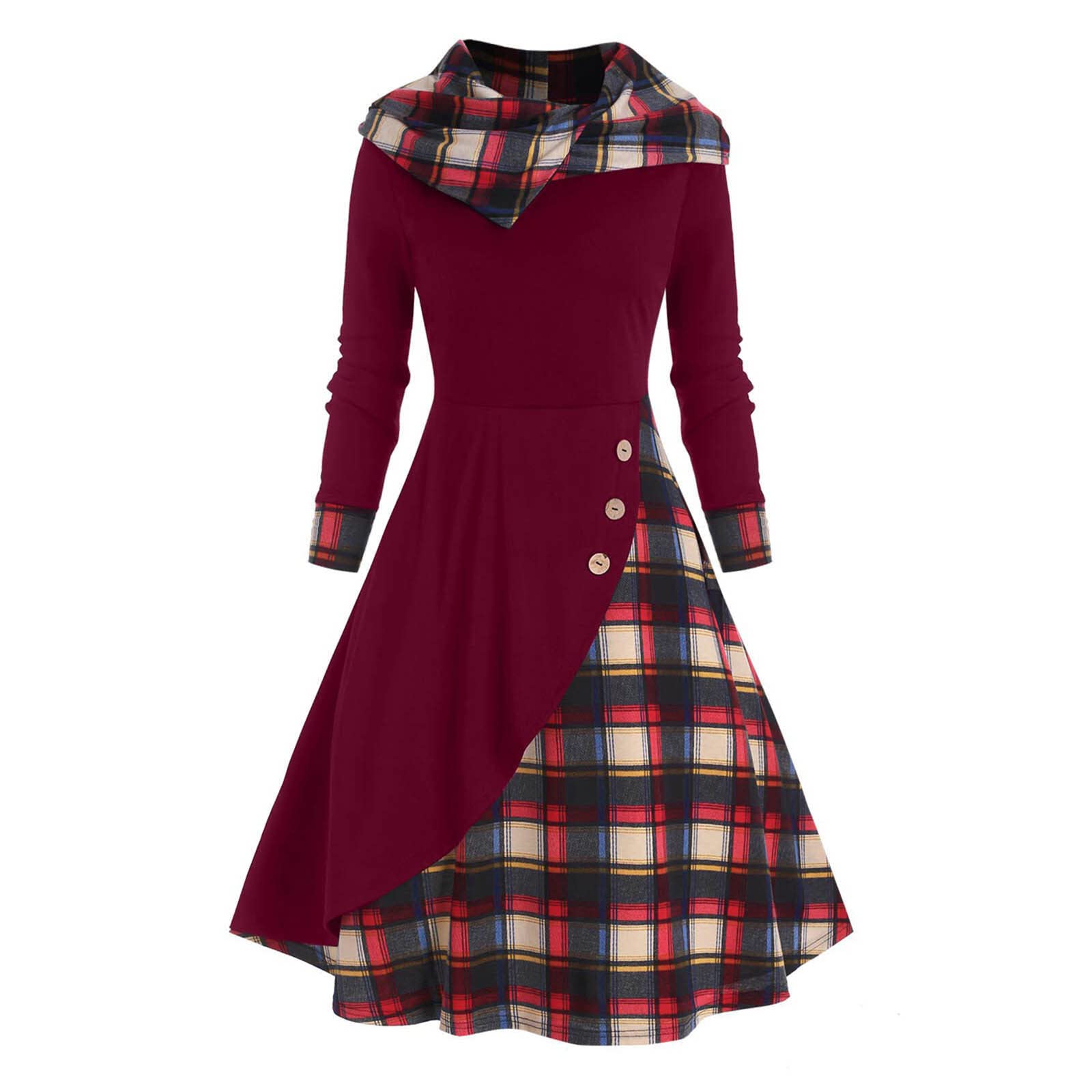 Womens Vintage Gothic Steampunk Dress Casual Plaid Patchwork Button Hooded Dress Retro Rockabilly Punk Hippie Dresses