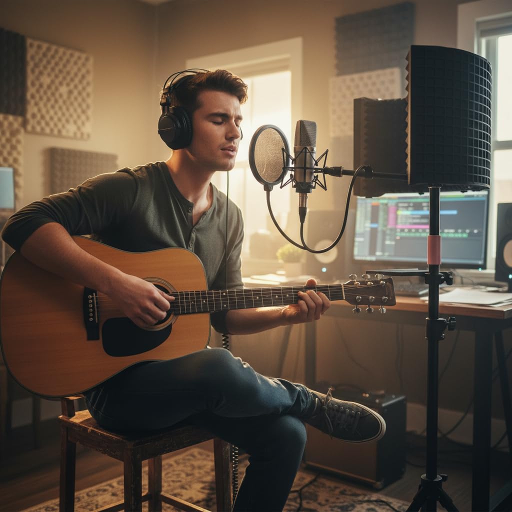 6-Panel Microphone Isolation Shield with Adjustable Stand – Foldable Soundproof Vocal Booth for Recording,Podcasting, Streaming, Singing, YouTube Videos