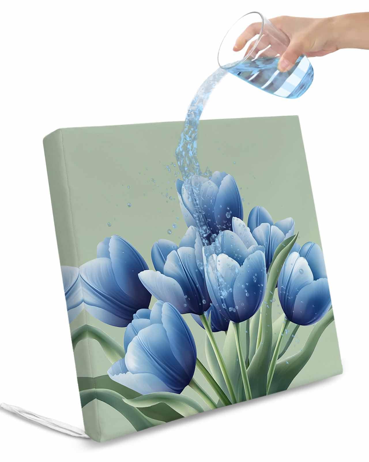 Navy Blue Tulip Outdoor Cushion Chair Cover Set of 4 - Waterproof Couch Seat Covers, Chic Elegant Flowers Botanical Sage Green Patio Furniture Protector Cushions Slipcovers for Sofa/RV, 22