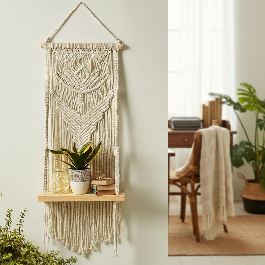 Decazone ® Macrame Wall Hanging Shelf Wood Floating Shelves with Wooden Dowel Modern Chic Woven Decor for Dorm Living Room Nursery Beige 55 x 43 cm (Gypsy Lotus)