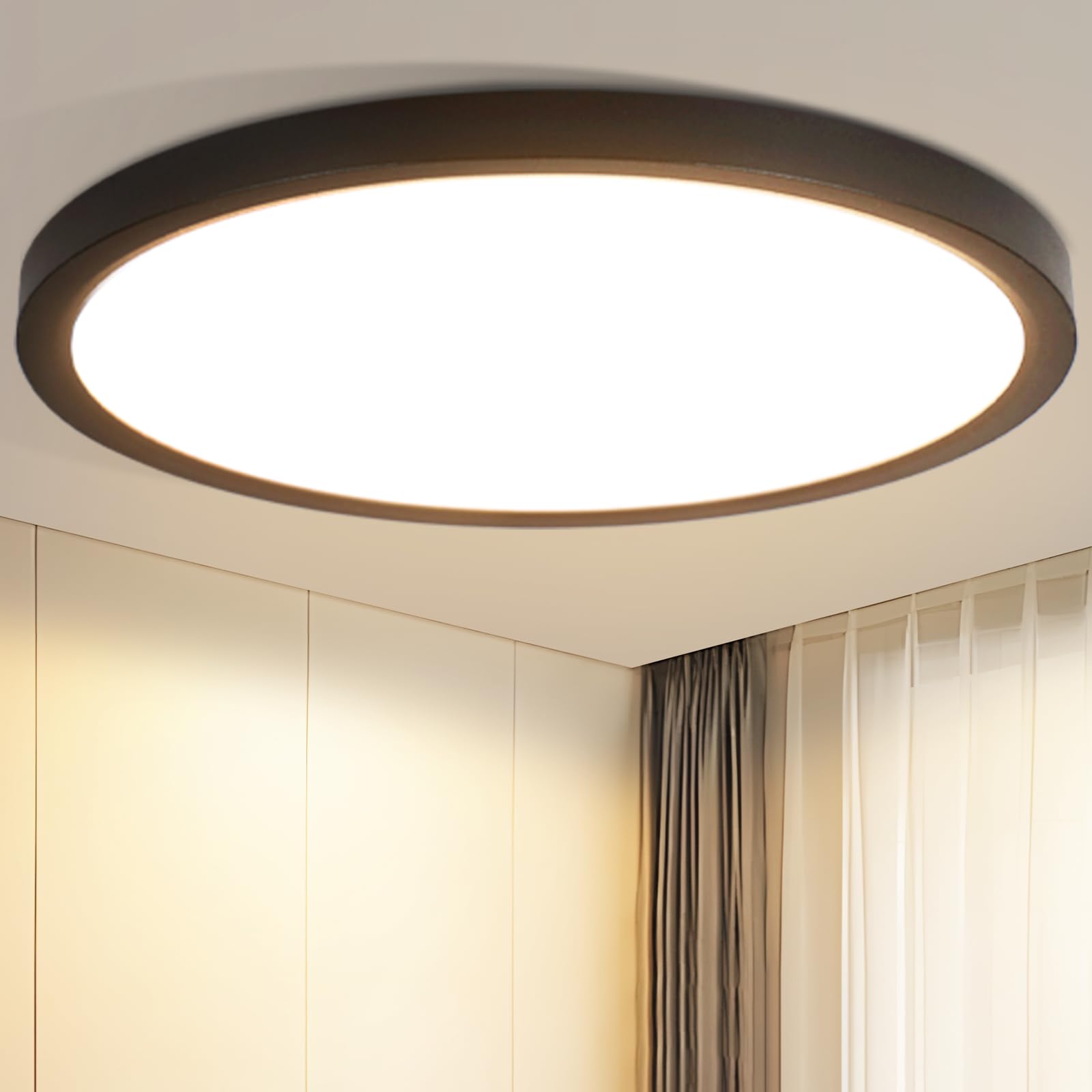 Laittiin Deckenleuchte LED Deckenlampe Flach - 30CM Rund Schlafzimmerlampe Küchenlampe 24W Schwarz Badezimmerlampe 3000K Schlafzimmer Deckenbeleuchtung Warmweiß Flurlampe für Bad Flur Küche Balkon