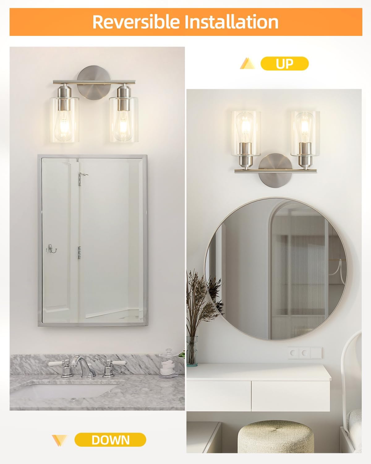 Brushed Nickel 2-Light Vanity Fixture with Clear Glass Shades
