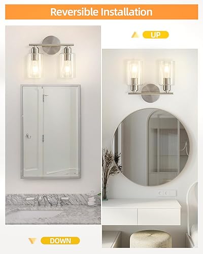 Miniatura 7 de SEABLE Lámpara de tocador de baño de níquel cepillado, 2 lámparas de baño con pantalla de vidrio transparente, apliques de pared modernos para baño,