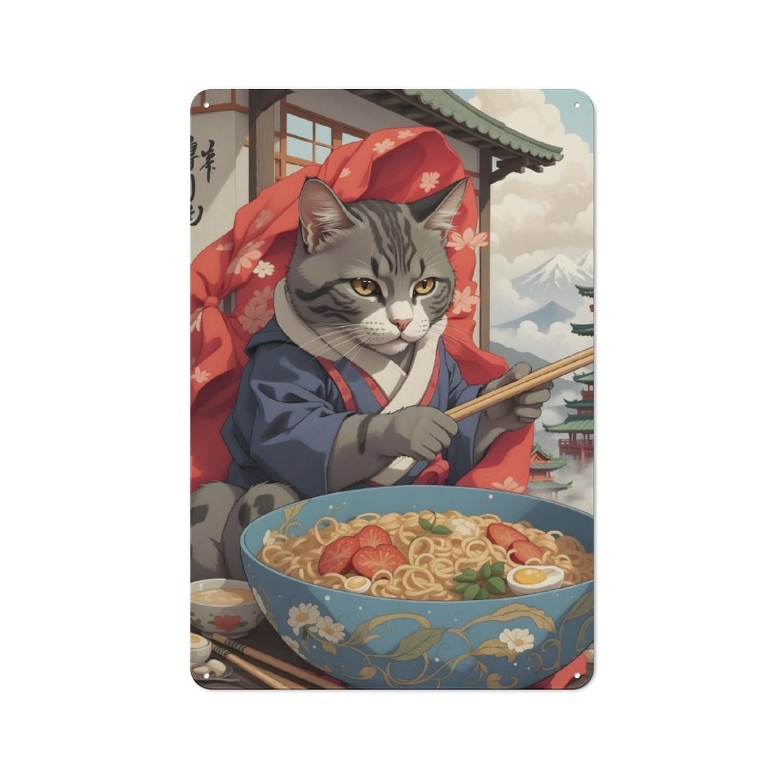 Retro Retro Metal Sign 30x20cm Featuring Funny Cat Eating Ramen, Garage Wall Decor for Garage, Hobby Room, Office Or Man Cave