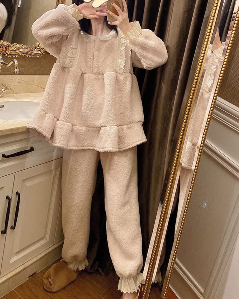 Donna Principessa Vittoriana Carino Dolce Sciolto Pigiama in Pile 2 Pezzi Top e Pantaloni Cozy Flanella Loungewear Sleepwear Tinta Unita Indumenti da Notte Abbigliamento per la casa