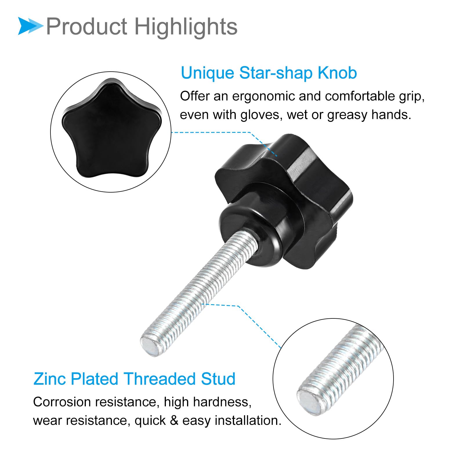 CoCud Star Clamping Knobs, M8 x 40mm Male Thread 47.5mm Head, Plastic Thumb Screw Grip Hand Knobs Threaded Bolt Black - Image 4