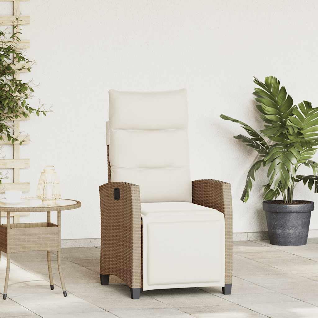 Silla de jardín extensible con reposapiés y mesa auxiliar, beige, ratán PE, respaldo ajustable, cojines gruesos y funda de lavado extraíble.