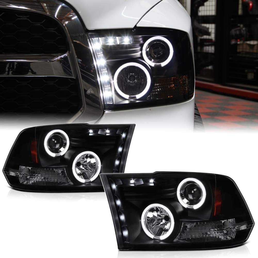 ACANII - For 2009-2018 Dodge Ram 1500 10-18 2500 3500 LED Halo Ring Black Smoked Projector Headlights Headlamps Assembly