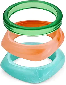 WOWORAMA 3pcs Colorful Resin Acrylic Bangle Bracelets Set for Women Wide Chunky Acrylic Bracelets Stackable Geometric Acetate Resin Bangles Stack Plastic Statement Bracelet