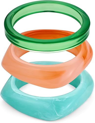 WOWORAMA 3pcs Colorful Resin Acrylic Bangle Bracelets Set for Women Wide Chunky Acrylic Bracelets Stackable Geometric Acetate Resin Bangles Stack Plastic Statement Bracelet