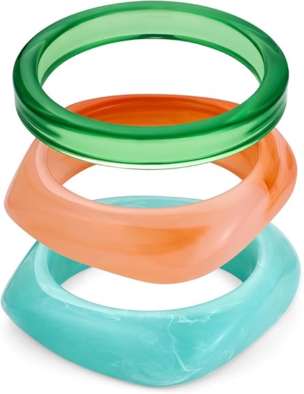 WOWORAMA 3pcs Colorful Resin Acrylic Bangle Bracelets Set for Women Wide Chunky Acrylic Bracelets Stackable Geometric Acetate Resin Bangles Stack Plastic Statement Bracelet
