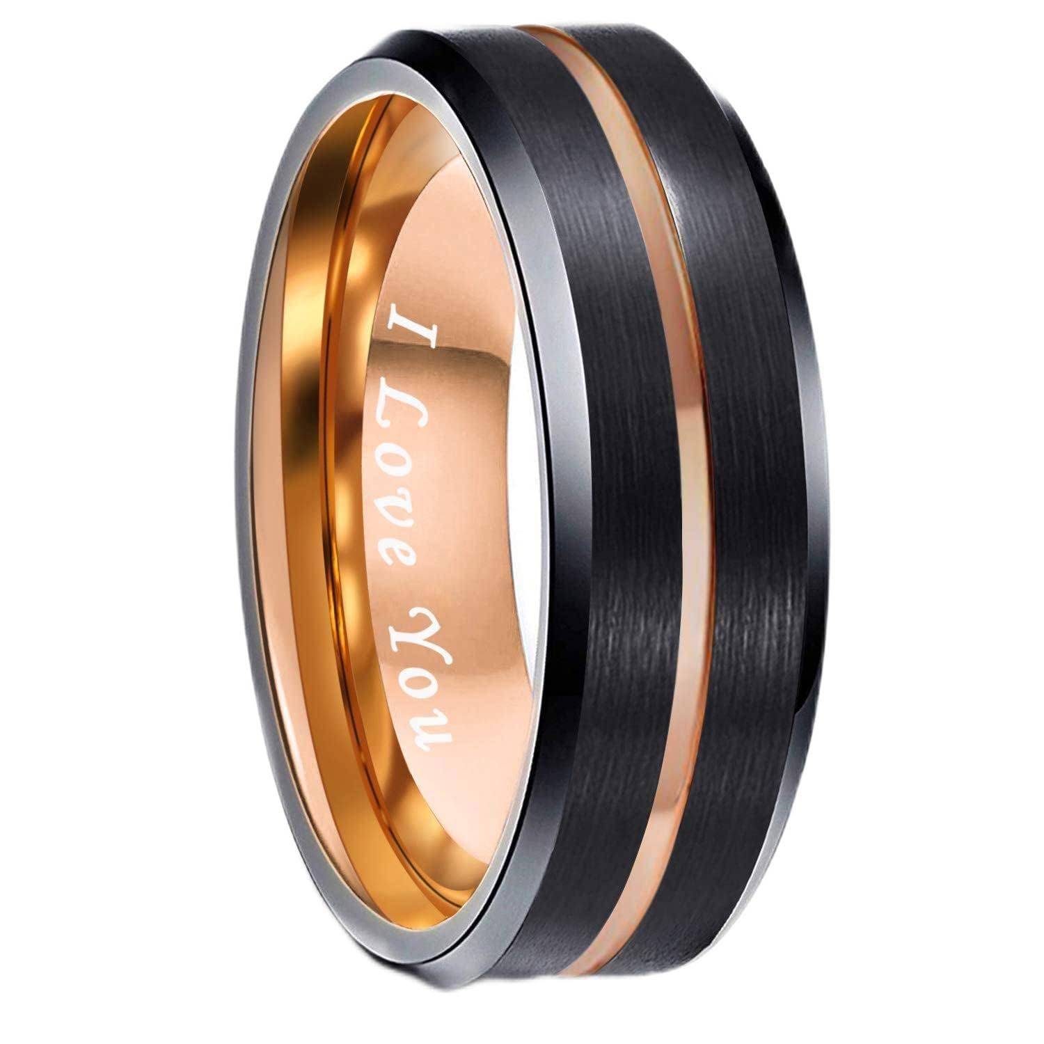 Greenpod Mens Tungsten Ring Wedding Band 6mm 8mm 10mm Engraved I Love You Thin Blue/Black Centre Groove Comfort Fit Size 6-17