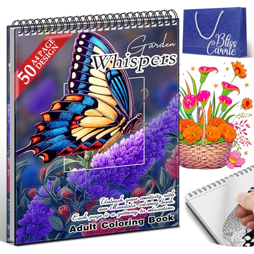 Hardback Covers Thick Paper Adult Coloring Book for Women Relaxation, Spiral Bound Coloring Book Hand-Drawn Design with 50 Pages, Mindfulness Gifts for Women to Relax - Garden Whispers
