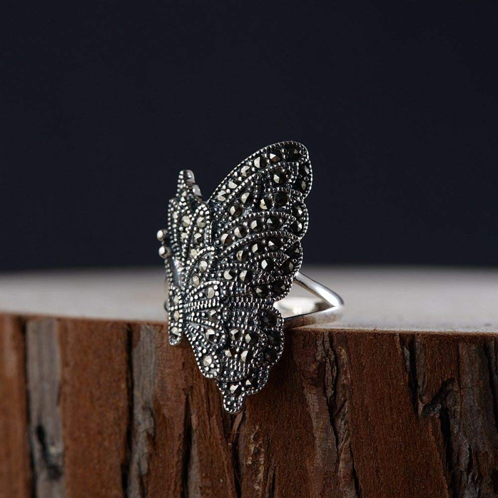 Anello In Argento 925 Da Donna,S925 Sterling Silver Grande Farfalla Zircone Anello Nero Anelli Regolabili Retrò Anello Dito Indice Argento Eternity Ring Fascino Di Nozze Gioielli Regali Per Uomini