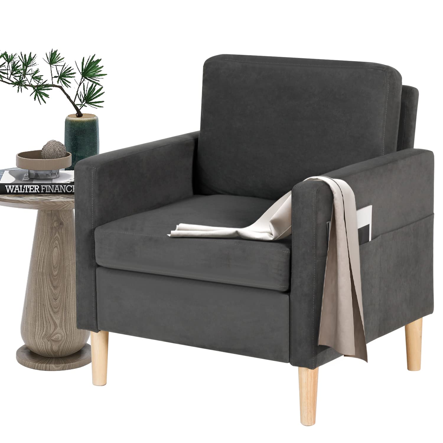 TYBOATLE Modern Linen Fabric Accent Living Room Arm Chair, Comfy Upholstered Mid-Century Bedroom Office Armchair Single Sofa Chairs w/Armrest Pockets, Reading Lounging Side Lounge Chair (Grey)