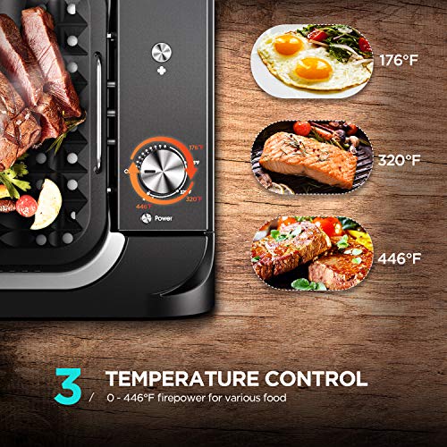 CalmDo Indoor Smokeless Grill, Electric BBQ Grill and Non-Stick Griddle Plates with 3 Temperature Control, Removable Drip Tray, Tempered Glass Lid and 14\'\' X 7.9\'\' Grilling Surface