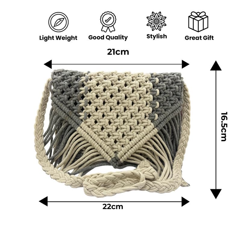 Maresse Bohemian Macrame Sling Bag - Handcrafted Grey & Cream Boho Purse with Fringe - Chic Eco-Friendly Shoulder Bag - Handmade Knitting & Weaving Boho Bag for Women, Grey, M4