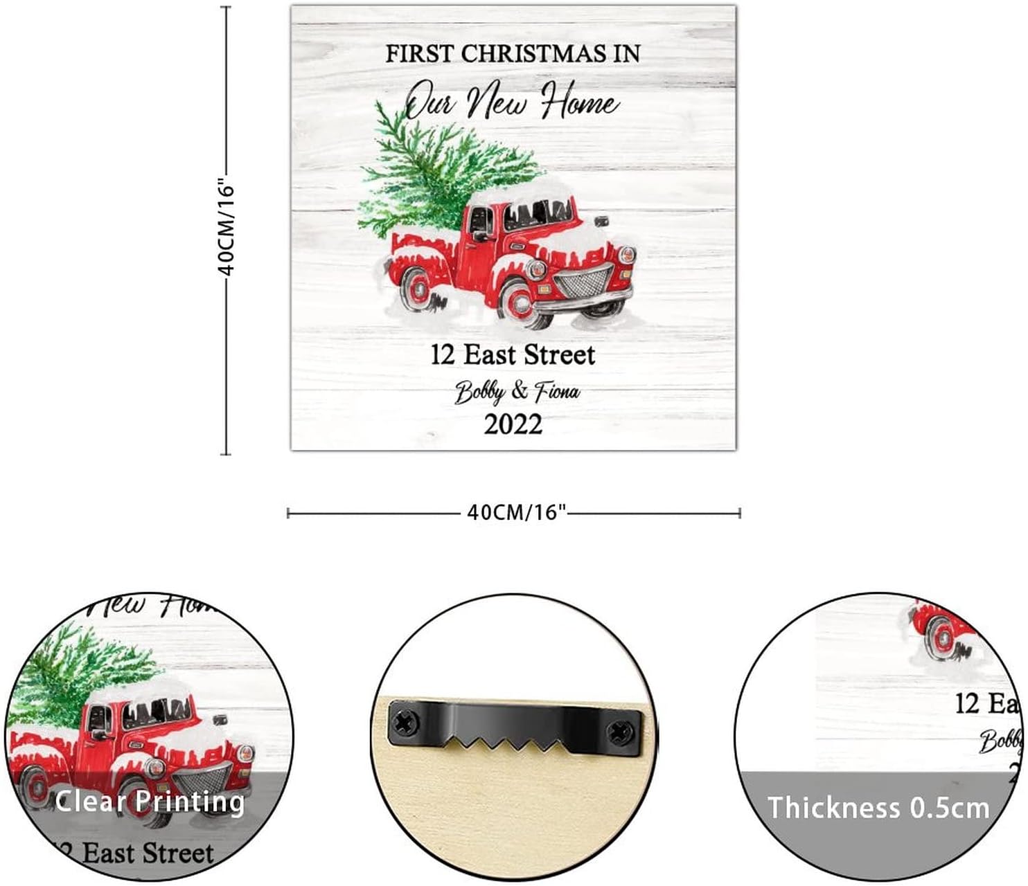 First Christmas in Our New Home Wooden Signs Rustic Red Truck Tree Custom Address Name Hanging Wall Art Sign Christmas Is Coming Wall Decor Hanging Plaque Sign For Home Living Room 16x16in