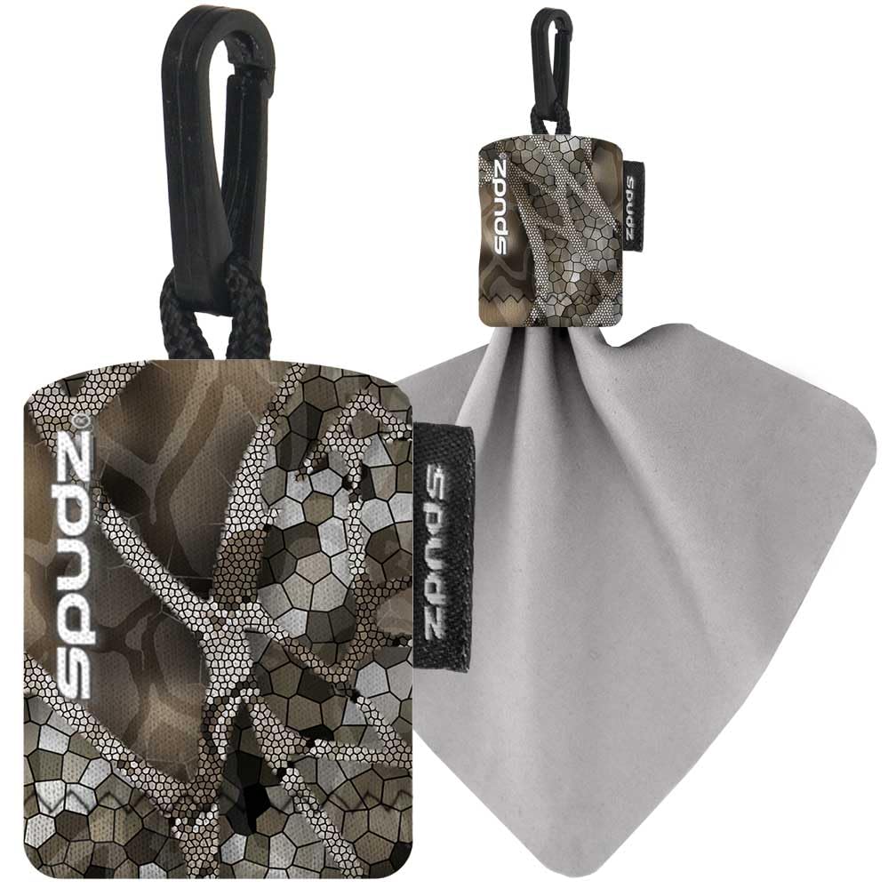 SPUDZ Classic Microfiber Lens Cleaner – Clip-On Pouch, Washable – for Binoculars, Scopes, Glasses, Screens | Vanish Tan, 6 x 6 Inch