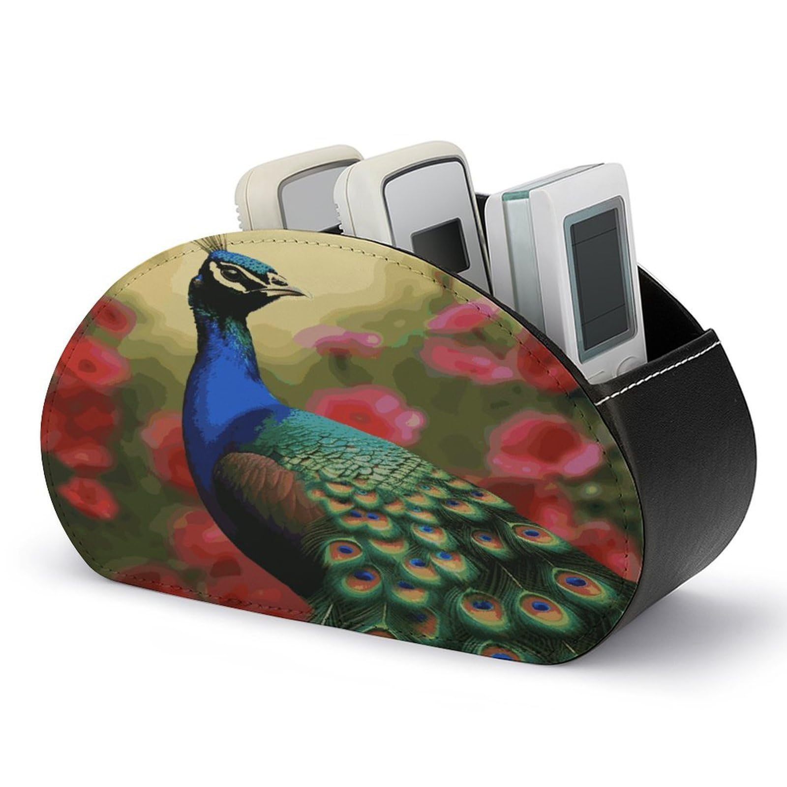 FekiLoot Peacock Flowers TV Remote Control Holder with 5 Compartments Multi-functional Leather Bedside Table Remote Caddy Desktop Storage Box for Store Pen Controller Media Player Cosmetic