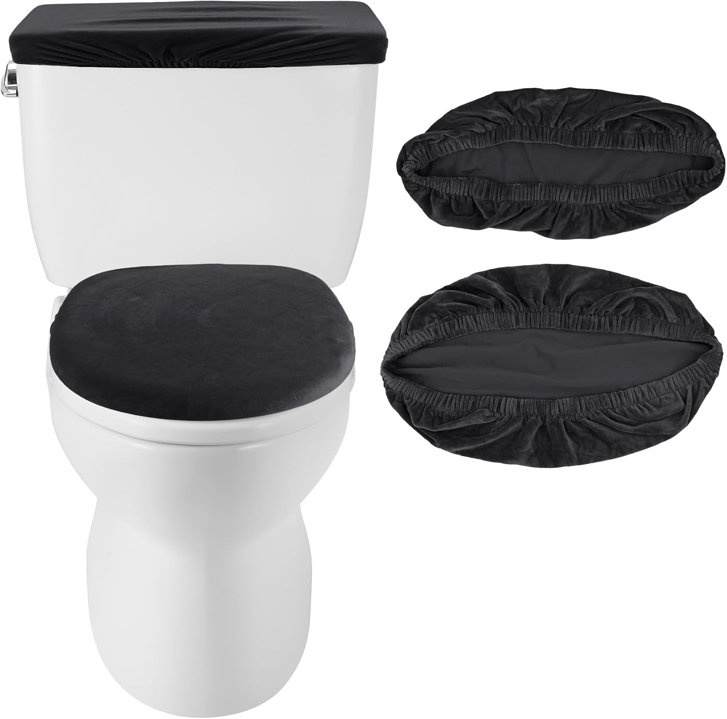 Framendino, Velvet Toilet Lid Cover and Tank Cover Stretch Toilet Covers Set With Elastic Bottom for Bathroom Decor (Black)