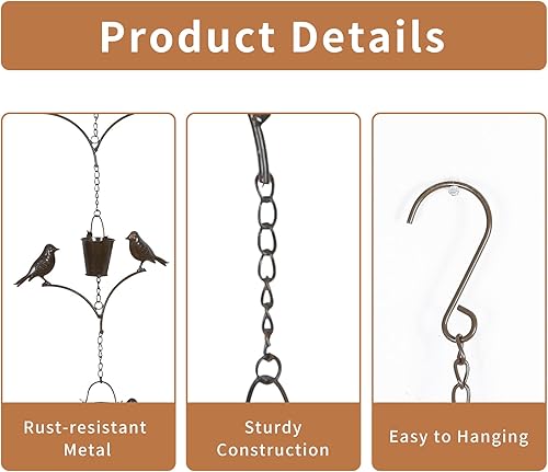 Miniatura 8 de TZSSP Cadena de lluvia, cadenas de lluvia de cobre, 7 tazas, cadena de lluvia de pájaros de 6.3 pies, cadena de captura de lluvia ajustable para