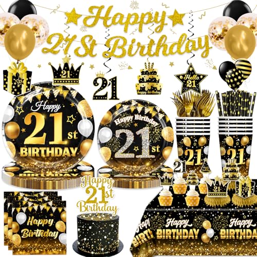 21st Birthday Decorations, 350 gsm Thick Paper Plates Paper Straws Disposable Happy 21st Plates and Napkins 21 Years Old Bday Decorations 21st Birthda