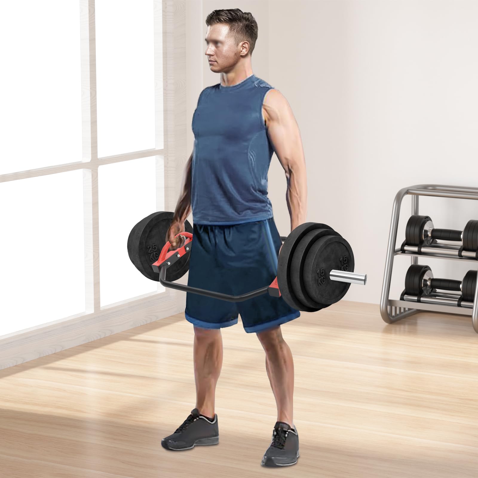 Trap Bar 50 mm attacco Hex Bar 142 cm per sollevamento e squat fino a 150 kg manubrio con clip a molla per allenamento a casa, palestra, tricipiti, rosso