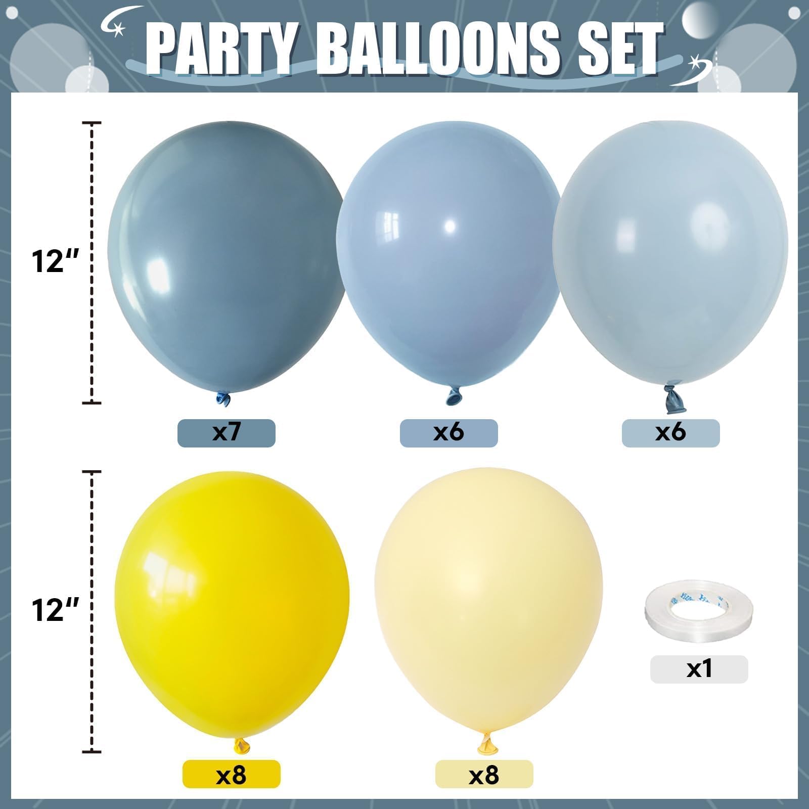 Staubblaue und gelbe Luftballons, 30,5 cm, Schieferpastell, hellblau und gelb, Ballon für Zitrone, Brautparty, Babyparty, Amalfiküste, Junggesellinnenabschied, frisch abgestufte