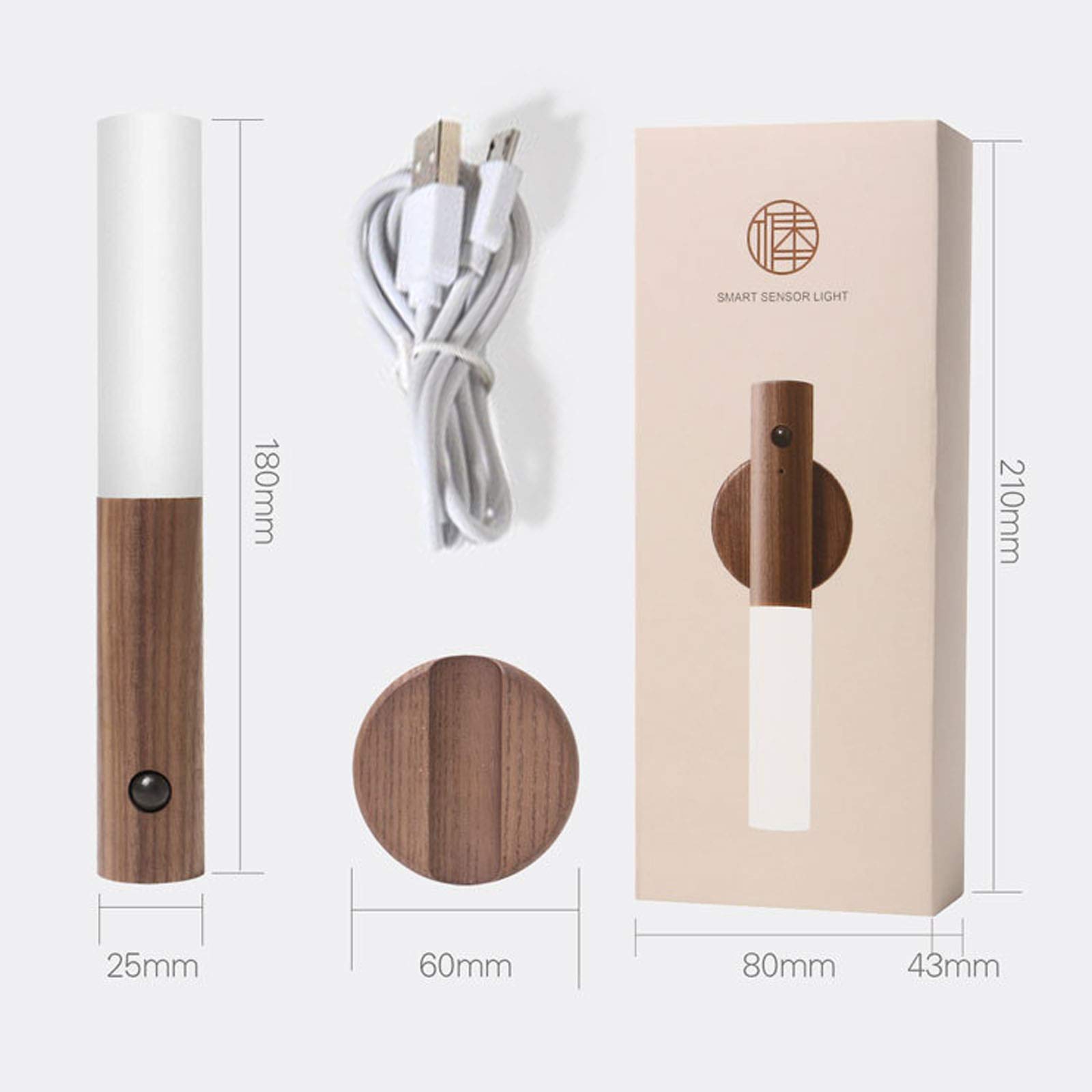 VOMI Draadloze led-wandlamp voor binnen, met bewegingssensor, batterij, USB- oplaadbaar, magnetisch, houten nachtlampje, kastlicht, wandverlichting, ganglamp, keuken, trappenhuis, enz., 2 stuks
