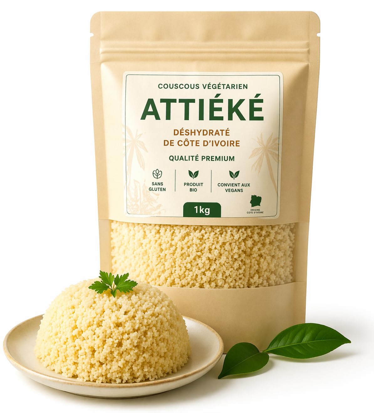 Couscous vegetarien Attiéké Déshydraté de Côte d'Ivoire - 1kg | Sans Gluten | Produit Bio | Qualité Premium | Convient aux Vegans