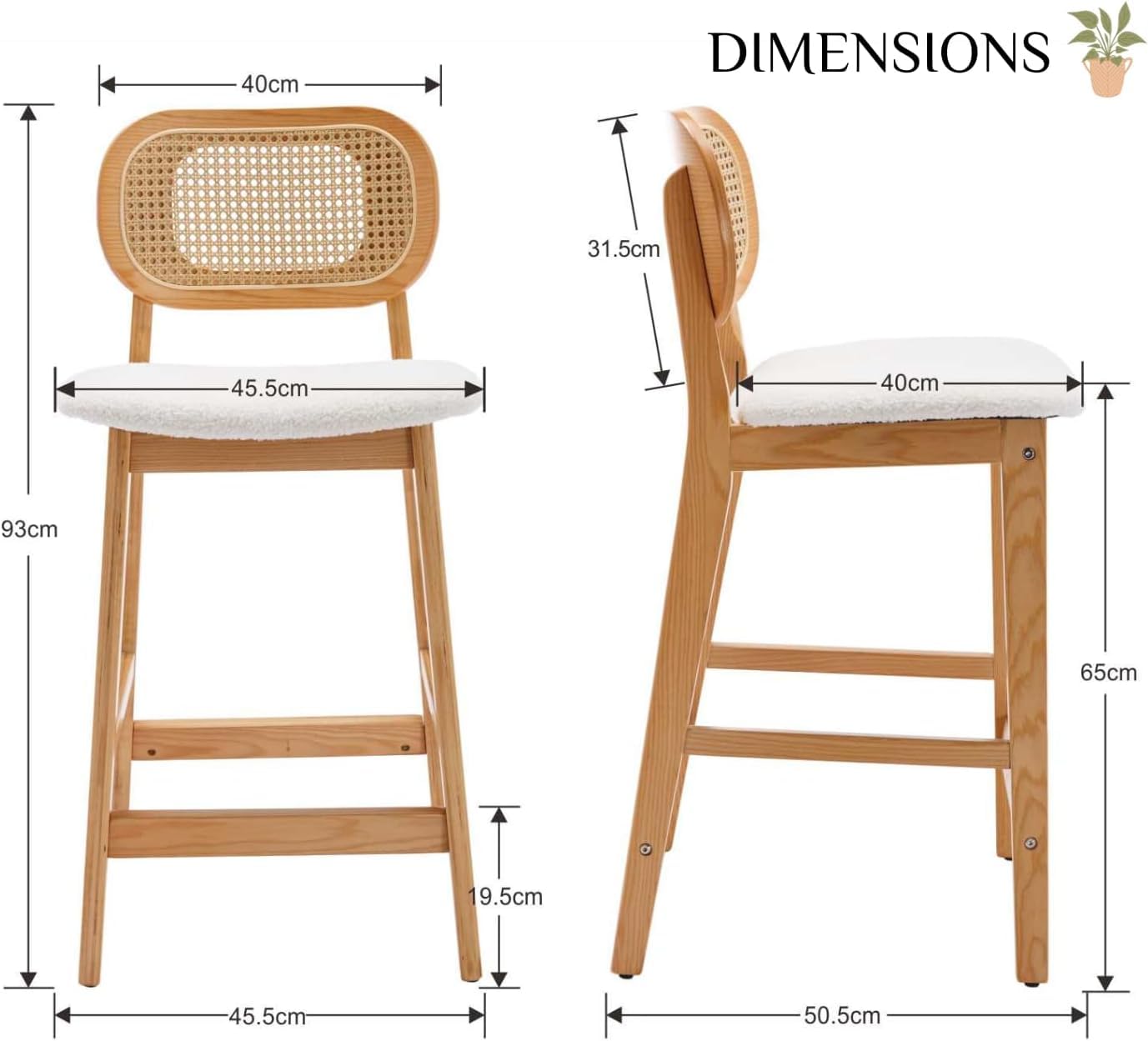 chairus Set di 2 Sgabelli da Cucina in Legno Sgabelli da Bar in Pelliccia Sintetica Sedie Alte con Schienale in Rattan Sgabelli Imbottiti per Bar/Sala da Pranzo/Banco, Beige