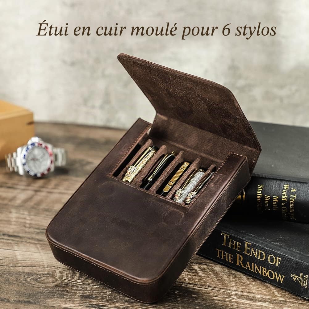 Étui à crayons en cuir véritable, porte-crayon vintage, accessoires de bureau élégants, boîte d'organisation pour voyage, Café 1-6, Medium