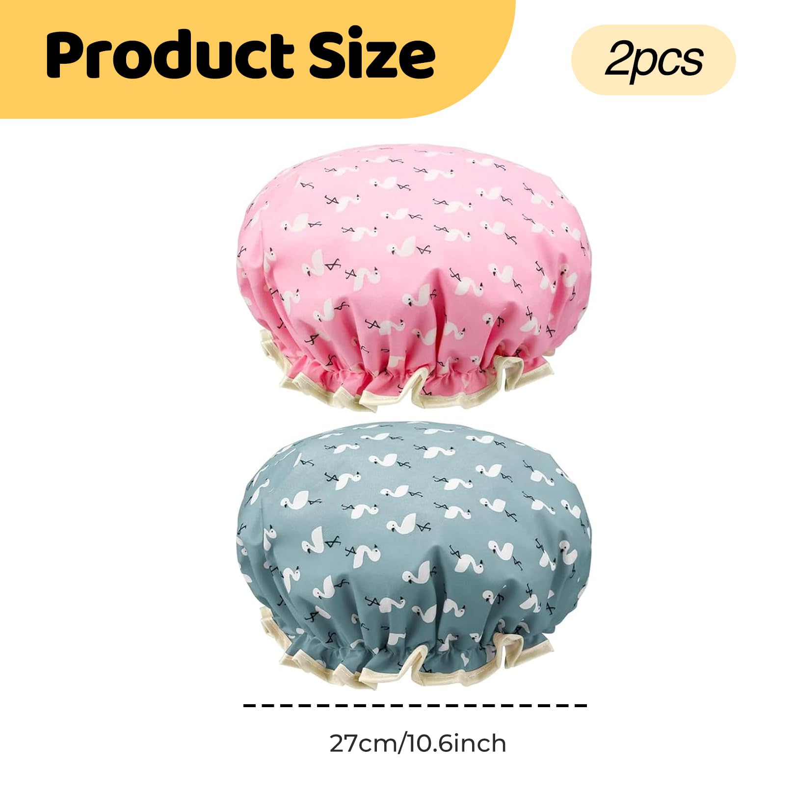 2 Pcs Shower Cap,Large Caps Waterproof Elastic Band Bath Double Layers Reusable with Ruffled Edge Covering Ears for Long,Keeping Short and Curly Hair,for Women UK and Girls and Kids,Multifunctional - Image 2