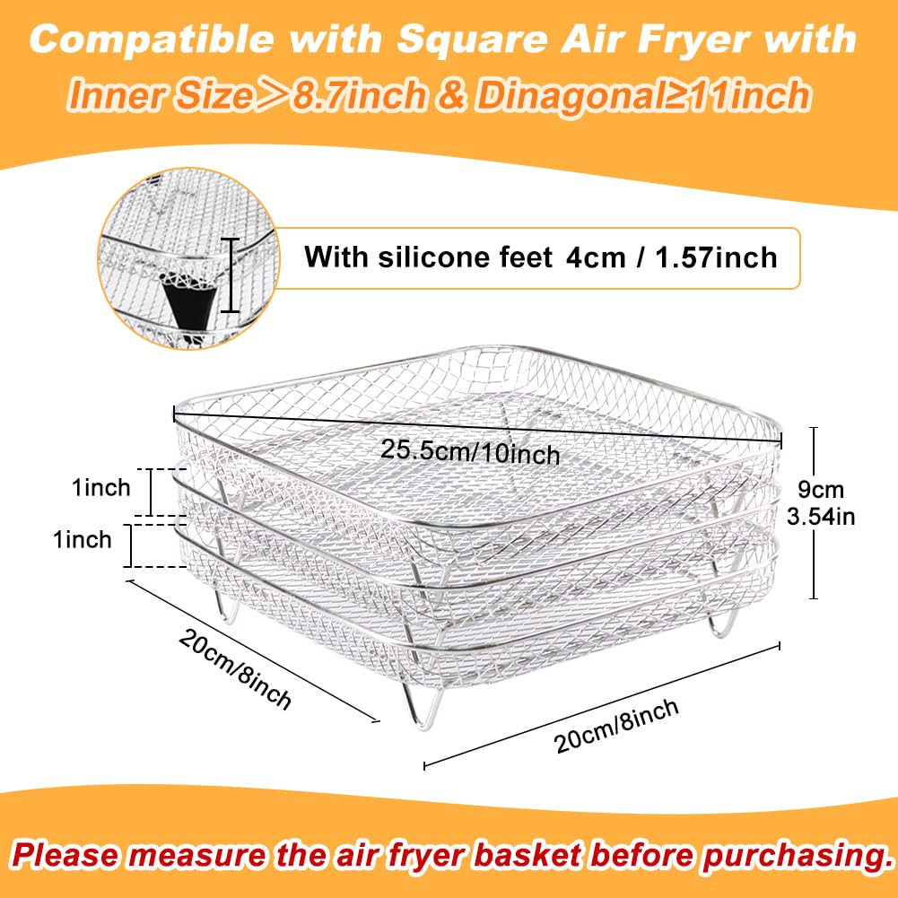 BYKITCHEN 8 inch Square Air Fryer Rack, 3pcs Stackable Stainless Steel Dehydrator Rack with Silicon Feet, Square Air Fryer Accessories for Cosori, Instant Vortex, Chefman Airfryer, Ninja Foodi Grill
