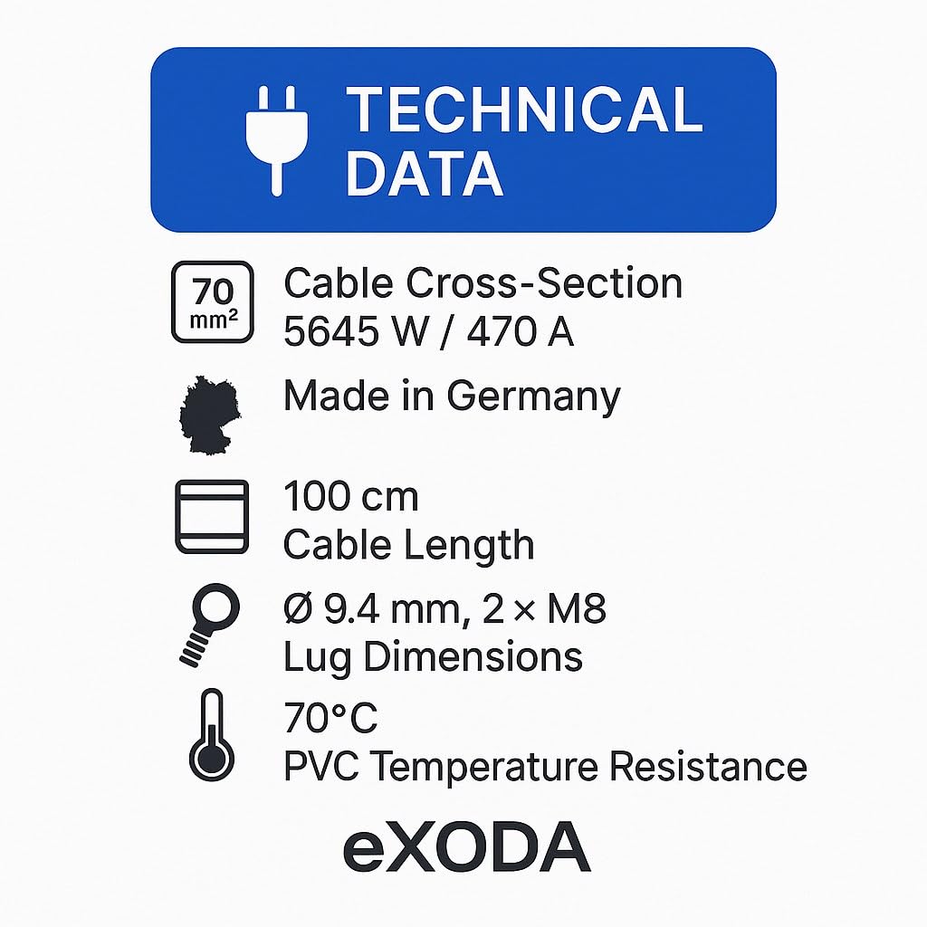 Exoda câble de batterie 70 mm² 100 cm M8 rouge 5645 Watt 470A 12V flexible cuivre de qualité jusquà 70 degrés pour alimentation fiable voiture bateau moto et plus