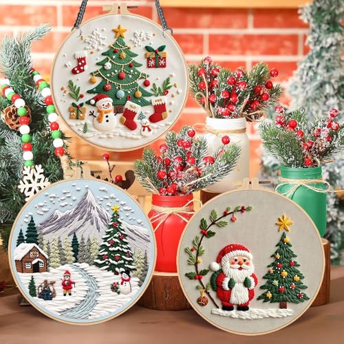 Image of LB Red Christmas Embroidery Kit for Beginners Adults, 3 Sets Hand Embroidery Starter Kit with Santa Pattern and Instructions Stamped Cross Stitch Kits Include Embroidery Hoop Needles Threads Scissors