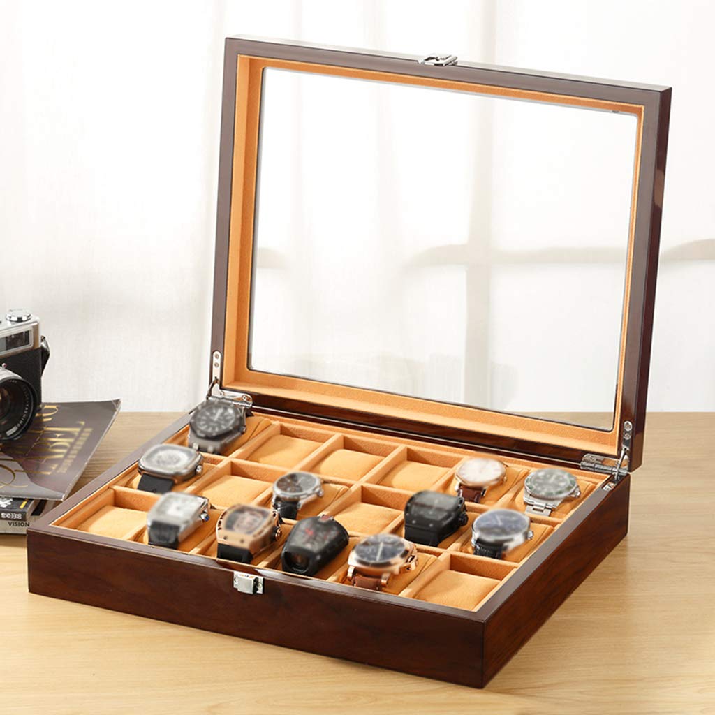 Caja Grande para Relojes de Hombre: 18 Compartimentos, Organizador de exhibición de Relojes de Madera de Lujo con Tapa de Cristal y Cierre metálico.