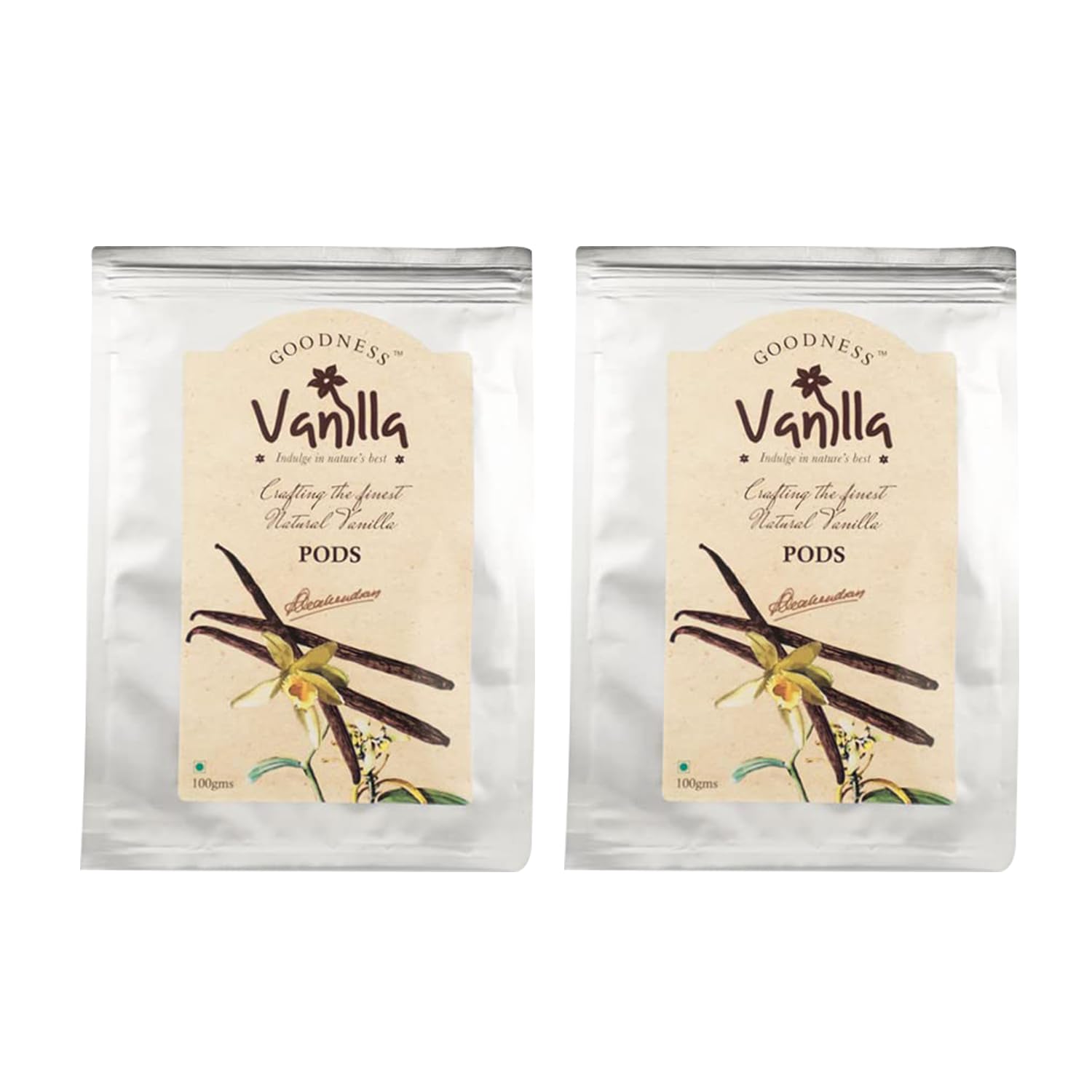 Goodness Vanilla 100% Natural Premium Vanilla Bean Pods for Cooking, Baking, Coffee Brewing, Ice Cream and Desserts - 100 gm Each (Pack of 2)