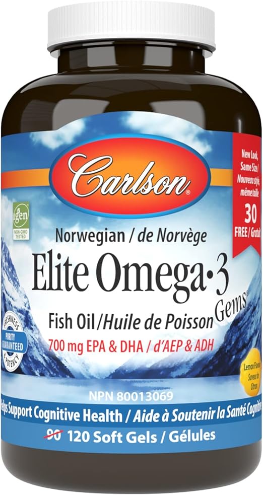 Carlson Elite Omega-3 Gems, Norwegian, 1,600 mg Omega-3s, 90 + 30 Soft ...