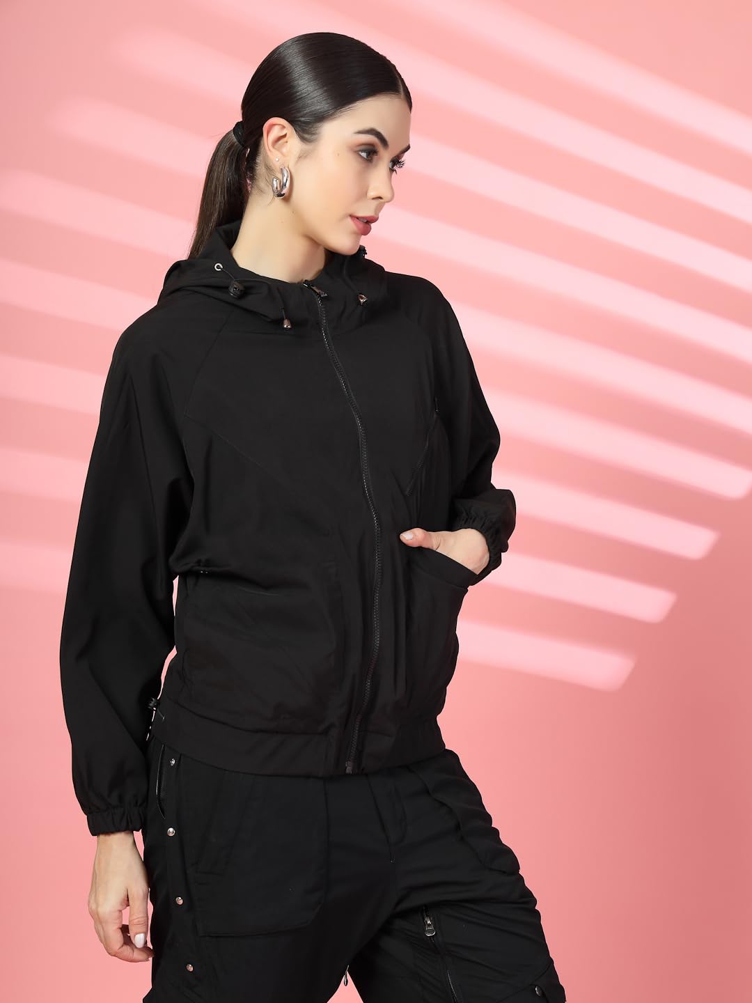 CHKOKKO Womens Stylish Oversized Windcheater Jacket with Zip Closure Lightweight Sportswear for Running Travel Hiking Outdoor and Rainy Season Wear Black XXL 2