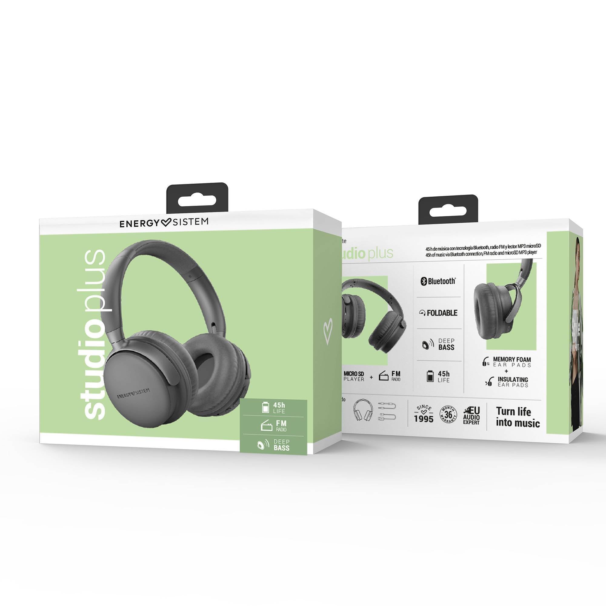 Energy Sistem Studio Plus - Auriculares Bluetooth (Radio FM, 45h de batería, Reproductor MP3 MicroSD, Deep Bass, Almohadillas de Cuero proteico y Espuma visco elástica) Gris