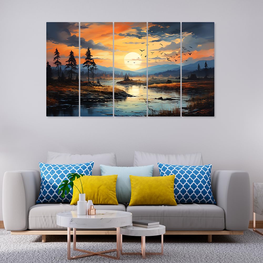 DEKORSTATION Multicolor Multiple Frames, Beautiful Sunrise Nature Wall Painting for Living Room, Bedroom, Office, Hotels, Drawing Room Wooden Framed Digital Painting | dspnl573 1