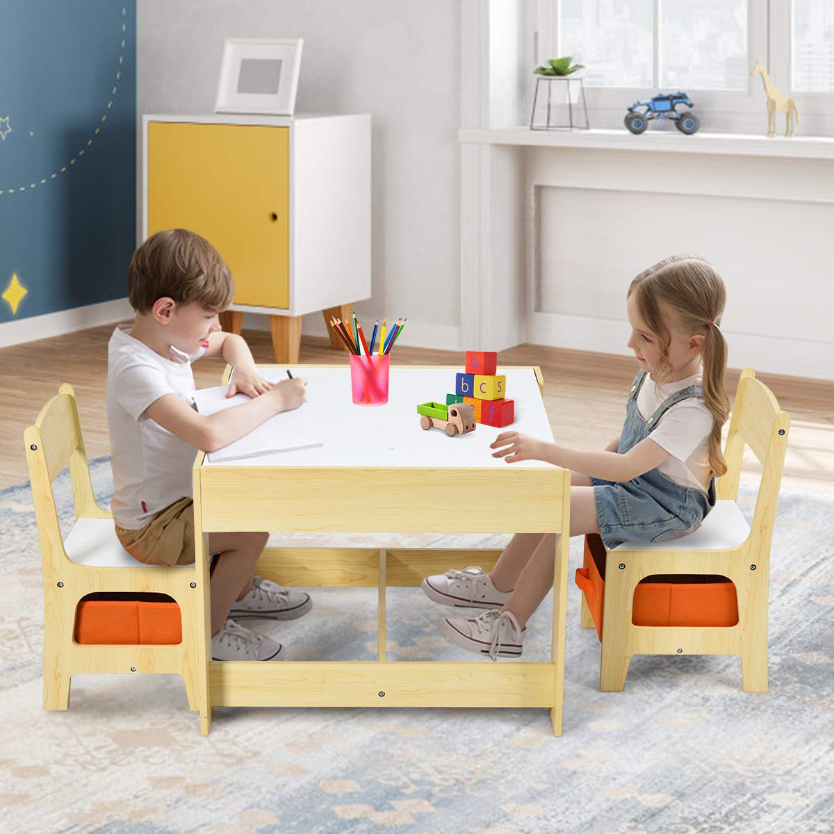 GIANTEX 3 in 1 Tavolo e Sedie per Bambini, Set Mobili di 3 Pezzi Camera, Tavolino Bianco e Nero da Gioco, Multiuso, Cosigliata Età 3-7 Anni, in Legno